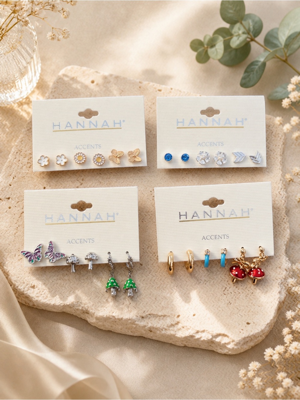 Hannah Mixed Accent Earring Set — Gold, Red, Green, Blue, Silver